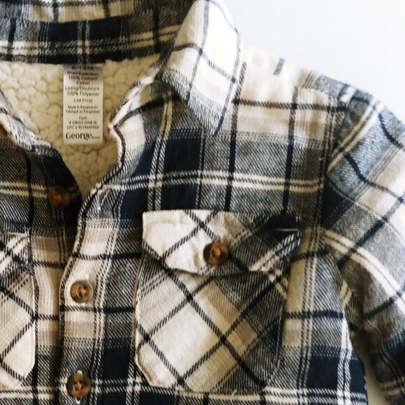 George Blue Gray White Plaid Button Down Sherpa Shacket 6-12 Months - Picture 3 of 7